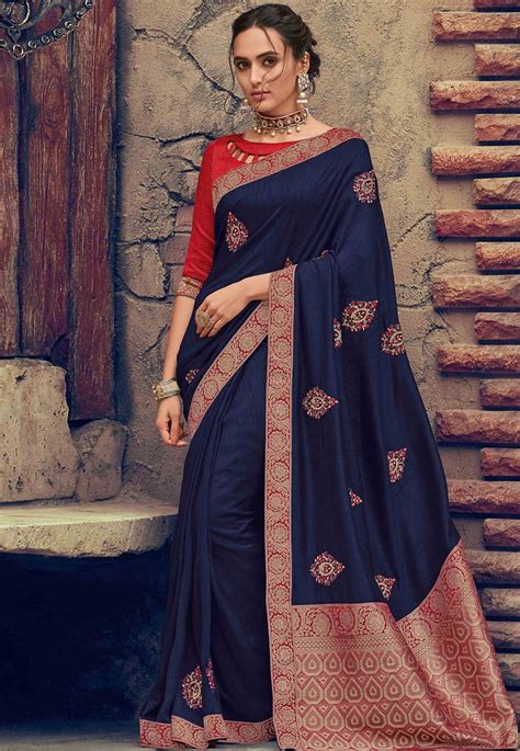 Navy Blue Silk Embroidered Festival Wear Saree 180965