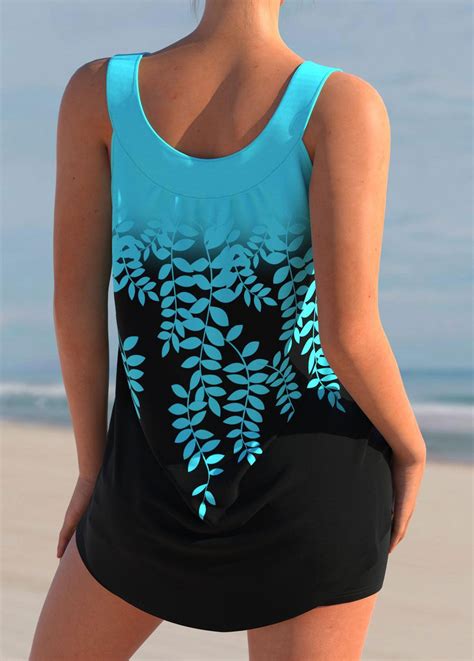 Cyan Leaf Print Ombre Color Block Tankini Set