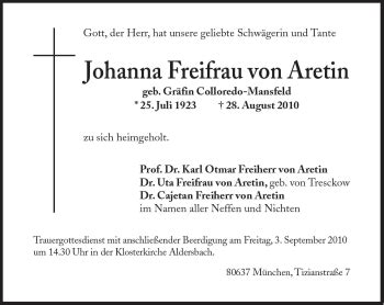 Traueranzeigen Von Johanna Freifrau Von Aretin SZ Gedenken De