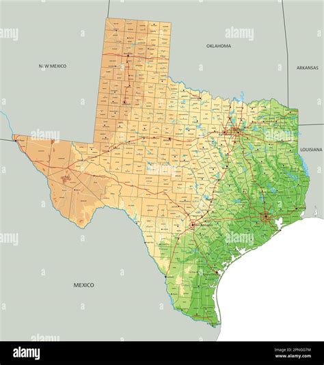 High Detailed Texas Physical Map With Labeling Stock Vector Image Art