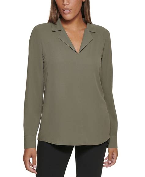 Calvin Klein Long Sleeve Collared V Neck Blouse Macys