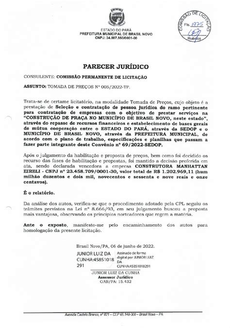 Parecer Jur Dico Final Prefeitura Municipal De Brasil Novo Gest O