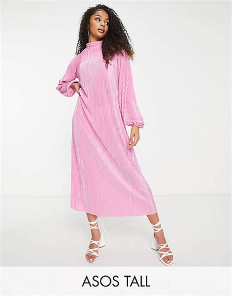 Asos Design Tall Plissiertes Hochgeschlossenes Maxikleid In Hellrosa