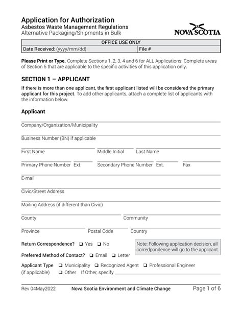 Nova Scotia Canada Application For Authorization Asbestos Waste