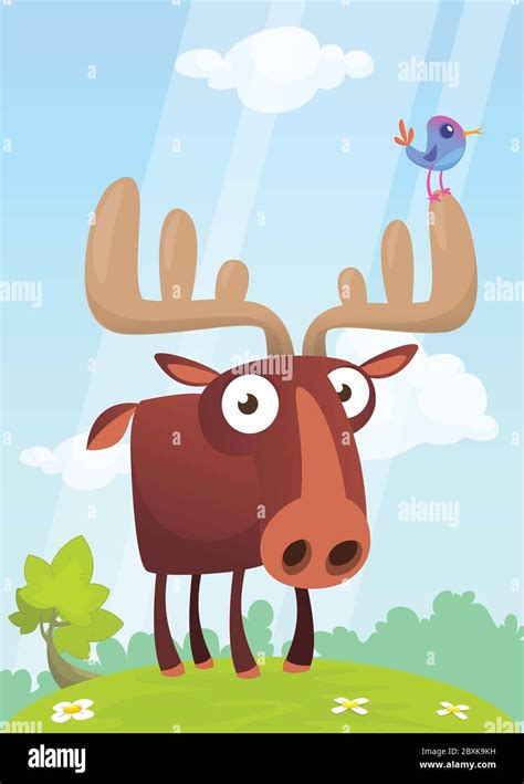 Funny cute cartoon moose character standing on the meadow background ...