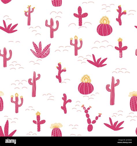 Seamless Patterns With Different Cacti Bright Repeating Texture With Pink Cacti Background