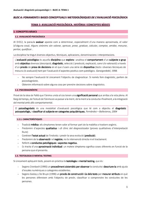 Teoria Avaluació i Diagnòstic Psicològic I BLOC A FONAMENTS I BASES