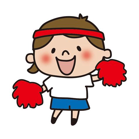 運動会で応援する赤組の子供（女の子2）の無料 フリー イラスト かわいい手描きの無料素材「てがきっず」保育園・小学校・介護施設にぴったりの