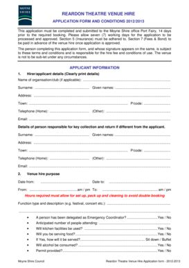 Fillable Online Reardon Theatre Venue Hire Application Form 2012 2013