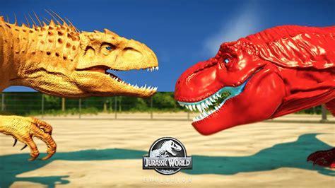 Amber Indominus Rex Vs Red Tyrannosaurus Rex Pink Spinosaurus Dinosaurs Fight Jwe Youtube