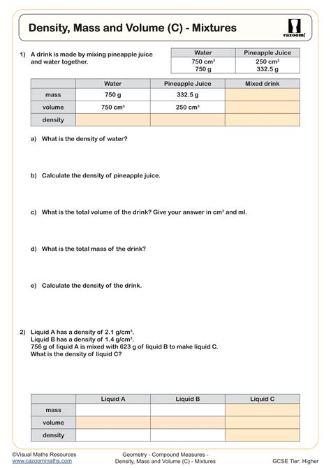 Density Mass And Volume C Mixtures Worksheet Fun And Engaging Year 10 And Year 11