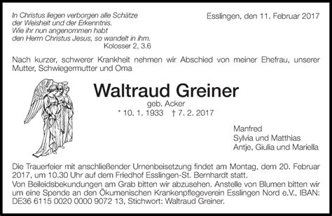 Traueranzeigen Von Waltraud Greiner Zeit Des Gedenkens De