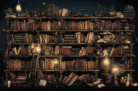 Biblioteca O Librería Antigua Con Muchos Libros En Los Estantes Como Fondo De Fondo Vectorial Y