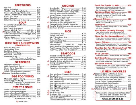 South Sea Restaurant menu in Hamilton, Ontario, Canada