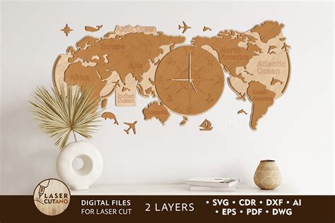 Clock World Map Wooden Wall Art Illustration Par Lasercutano Creative