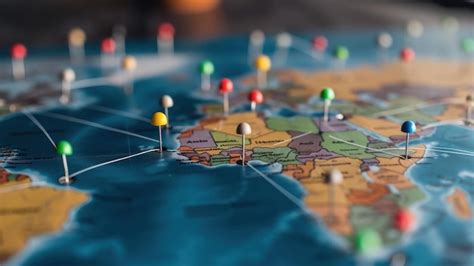 premium photo closeup   world map  pins  connecting lines