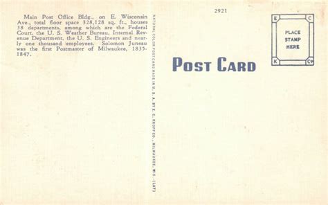 Vintage Postcard 1930s Post Office Building On East Milwaukee Wi