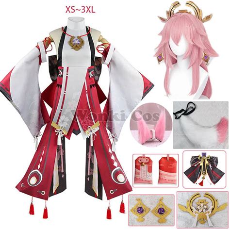 pink long hair wig set  genshin impact yae miko cosplay women full