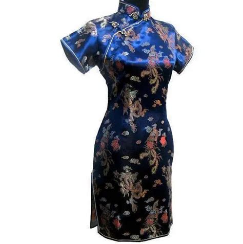 Navy Blue Chinese Women Traditional Cheongsam Dress Women Vintage Satin