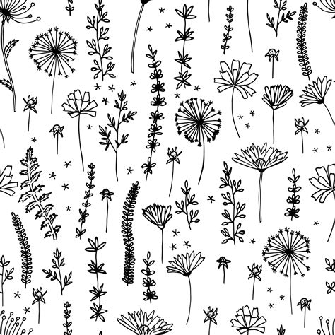 Silhouettes monochrome floral seamless pattern. Wild branches, leaves ...