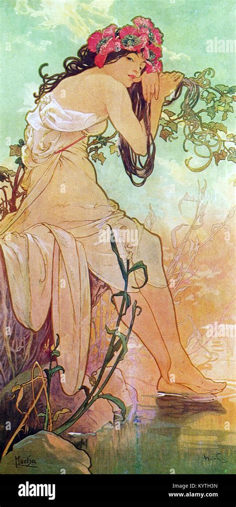 Alphonse Maria Mucha Woman Dreaming River Long Hair Stock