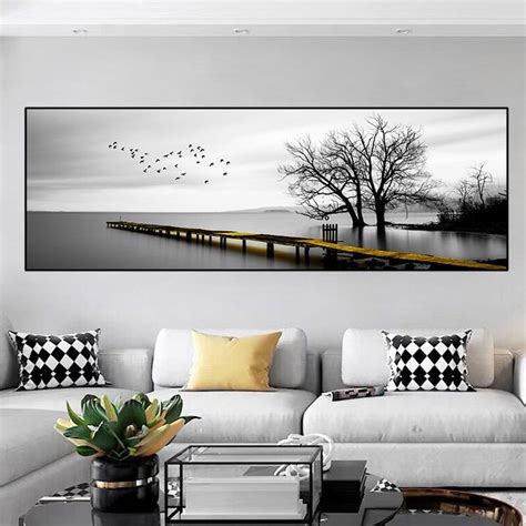 Landscape Calm Lake Golden Long Bridge Tree Scene Canvas Painting For