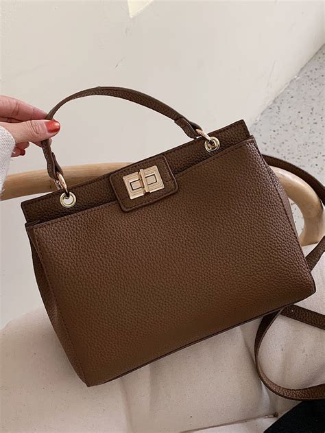 Litchi Embossed Twist Lock Square Bag Bags Embroidered Bag Square Bag