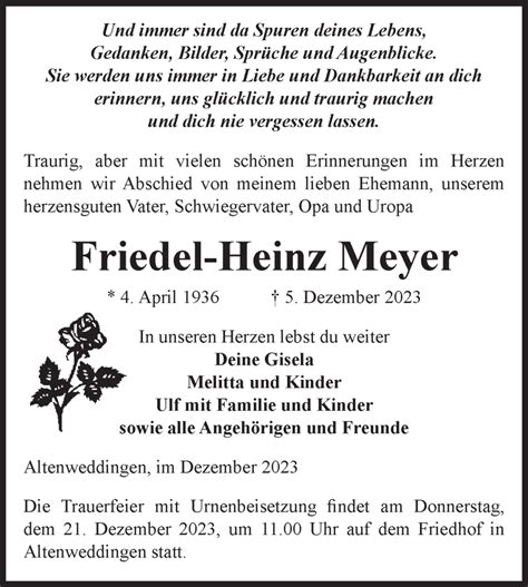 Traueranzeigen Von Friedel Heinz Meyer Abschied Nehmen De