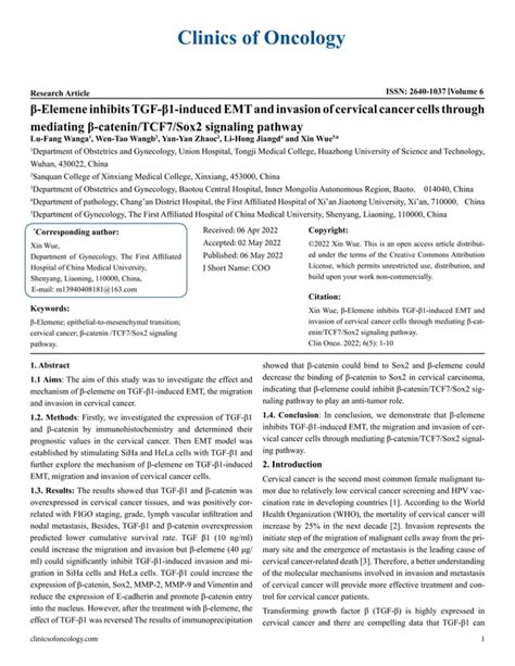 Elemene Inhibits Tgf Induced Emt And Invasion Of Cervical Cancer