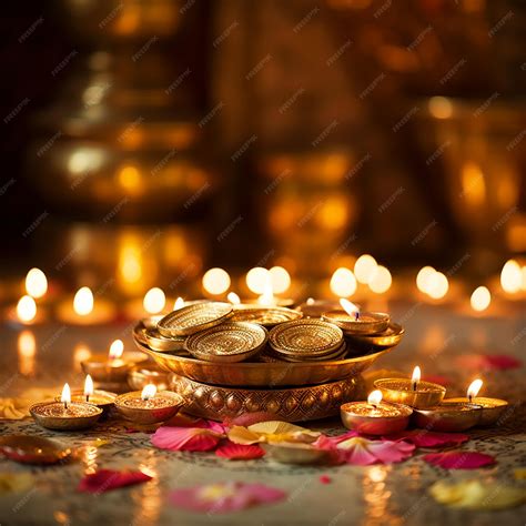 Premium Photo Happy Dhanteras Background With Gold Coins And Diya