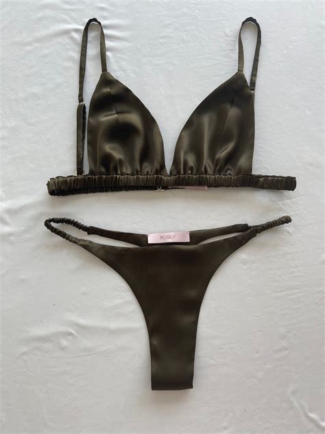 Khaki Green Silk Lingerie Set 100 Silk Bralette And Thong Etsy