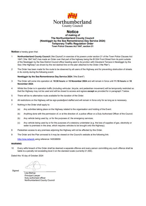 Notice of Road Closure - Remembrance Day - Newbiggin by the Sea Town