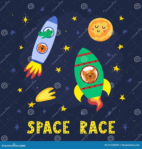 Space Race Print With Cute Animals Astronauts In The Rockets Stock