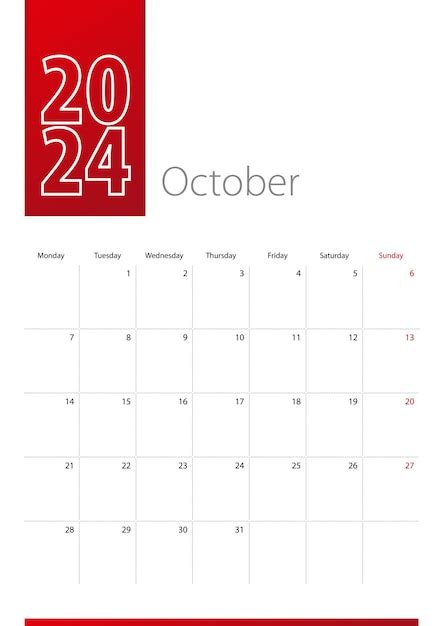 Diseño de calendario de octubre de 2024 la semana comienza el lunes