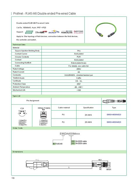 Profinet Rj45 M8 Double Ended Pre Wired Cable Technical Data Pdf Electronics Electrical