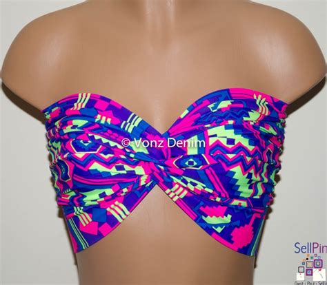 Neon Aztec Tribal Twisted Bandeau Tribal Swimwear Bikini Top Spandex