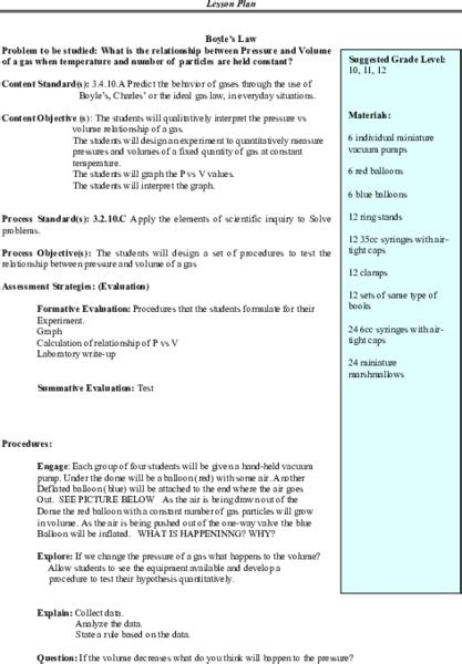 Boyles Law Lesson Plan For 10th 12th Grade Lesson Planet