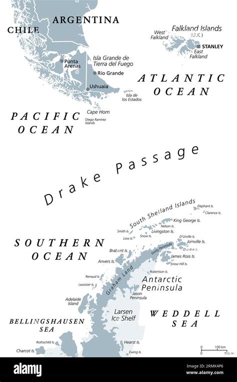 Drake Passage, Mar de Hoces, or Hoces Sea, gray political map. Body of ...