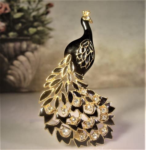 Peacock Brooch, Black and Gold Peacock Brooch, Rhinestone Brooch, Bird ...