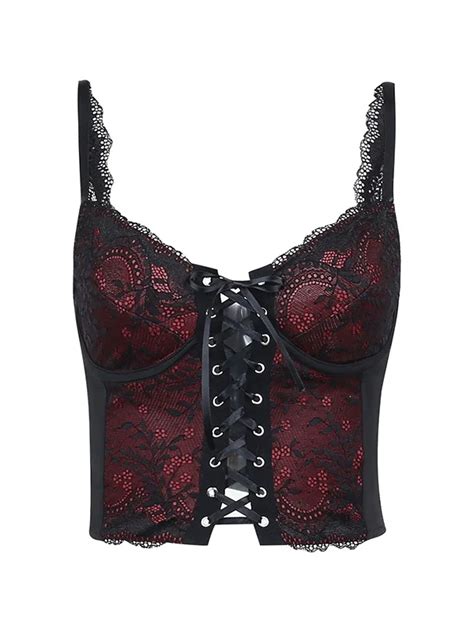 Gothic Dark Lace Paneled V Neck Spaghetti Straps Crop Top