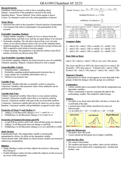 Gea Cheatsheet Summary Quantitative Reasoning With Data Gea