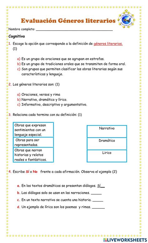 Géneros literarios interactive worksheet for tercero Generos