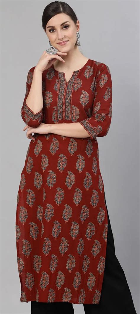 Casual Red And Maroon Color Cotton Fabric Kurti 1848037