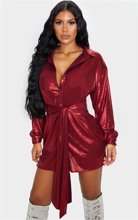 Red Metallic Button Up Tie Waist Shirt Dress | PrettyLittleThing