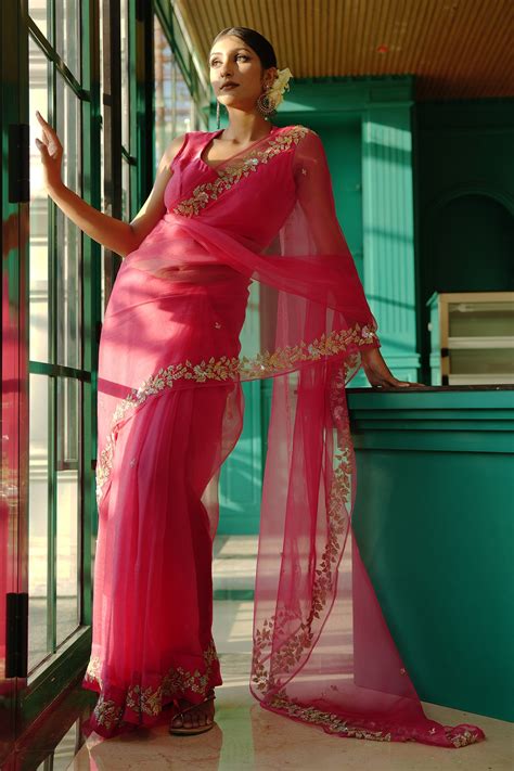 Buy Pink Saree Silk Organza Hand Embroidered Zardosi Leaf Blouse And Set For Women By Gul By