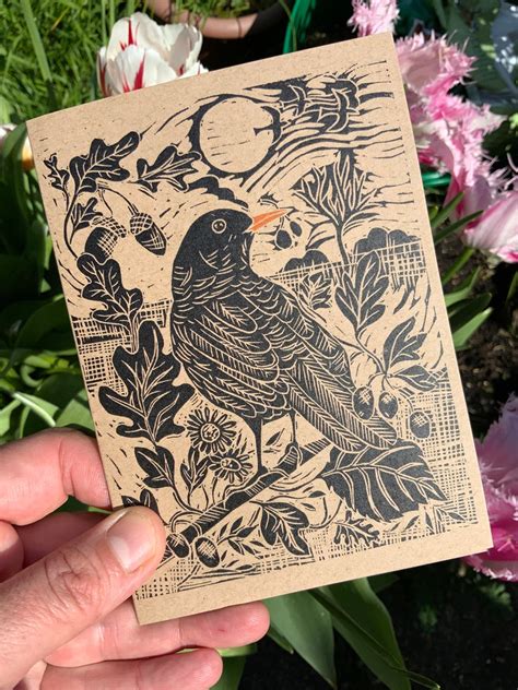 Linocut Print Blackbird Greeting Card Bird Birthday Etsy