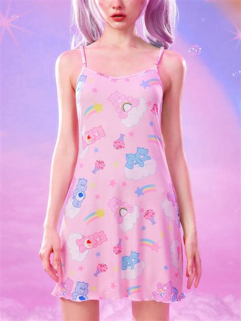 Romwe X Care Bears Cute Cartoon Bear Print Lettuce Trim Slip Nightdress