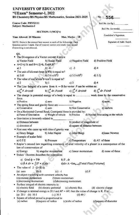 Phys Mechanics I Bs Math Education University Past Paper