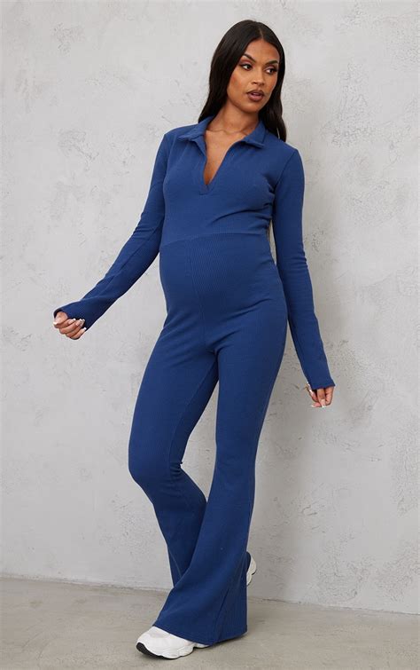 Maternity Navy Rib Collar Flare Leg Jumpsuit Prettylittlething