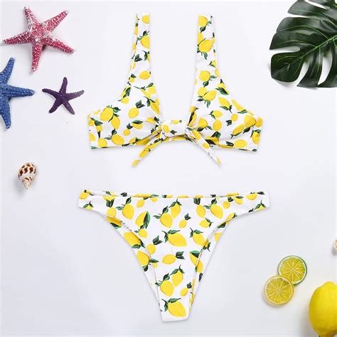 Buy Women Knotted Padded Thong Bikini Mid Waisted Scoop Swimsuit Beach